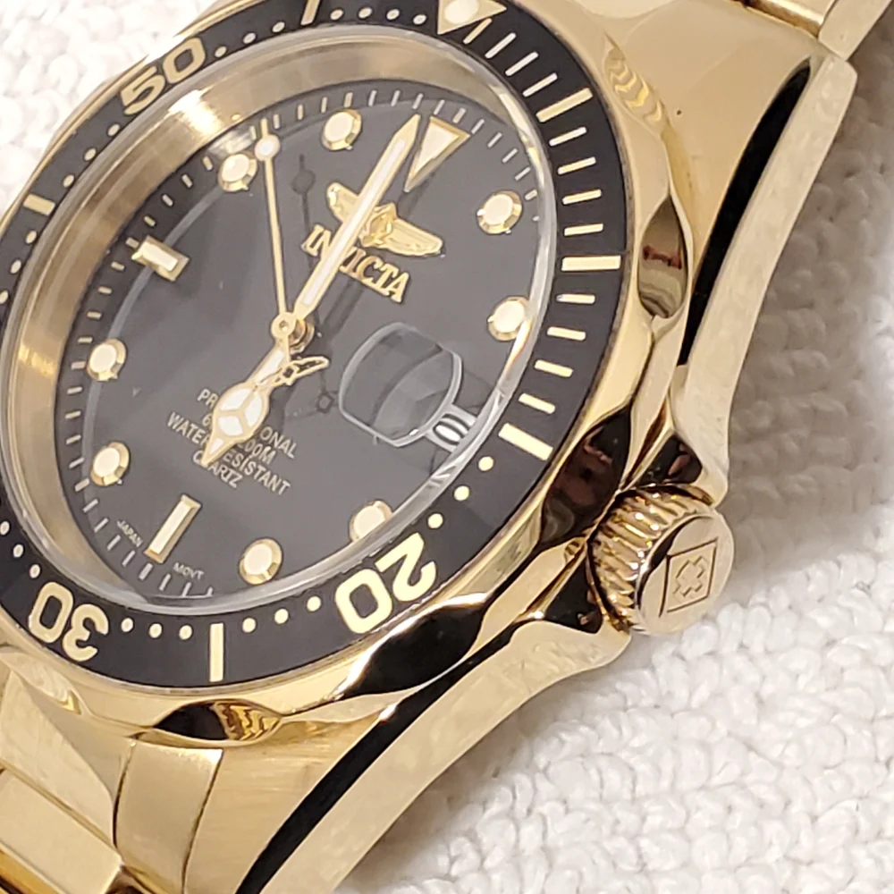 Invicta Men's Date Black Dial Gold Plated Quartz Watch WR 200 Meters